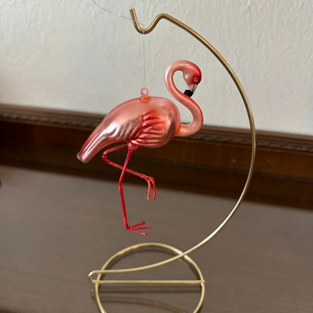 Pink Flamingo Glass Christmas Ornament Iridescent Tropical Bird Holiday 5.5''